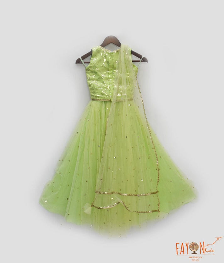 Manufactured by FAYON KIDS (Noida, U.P) Green Boti Net Lehenga Set