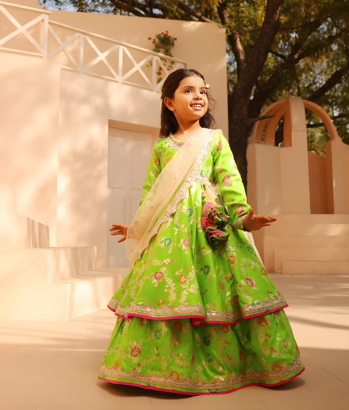 Manufactured by FAYON KIDS (Noida, U.P) Green Brocade Anarkali