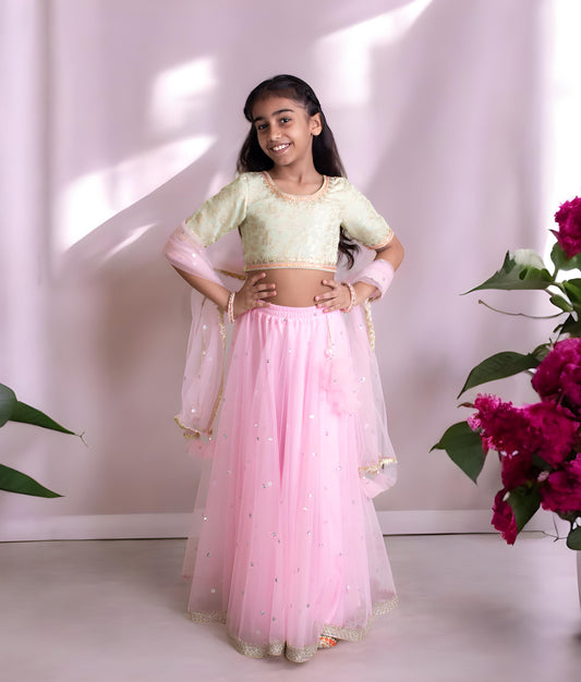 Manufactured by FAYON KIDS (Noida, U.P) Green Brocade Choli with Lehenga