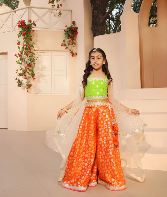 Manufactured by FAYON KIDS (Noida, U.P) Green Brocade Top with Plazzo Pant