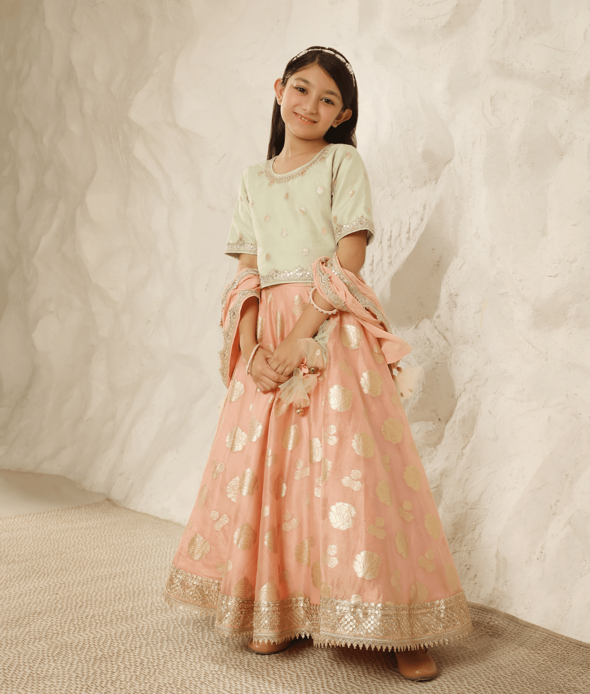 Manufactured by FAYON KIDS (Noida, U.P) Green Chanderi Choli with Lehenga for Girls