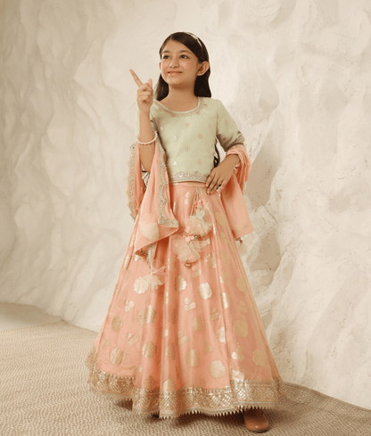 Manufactured by FAYON KIDS (Noida, U.P) Green Chanderi Choli with Lehenga for Girls