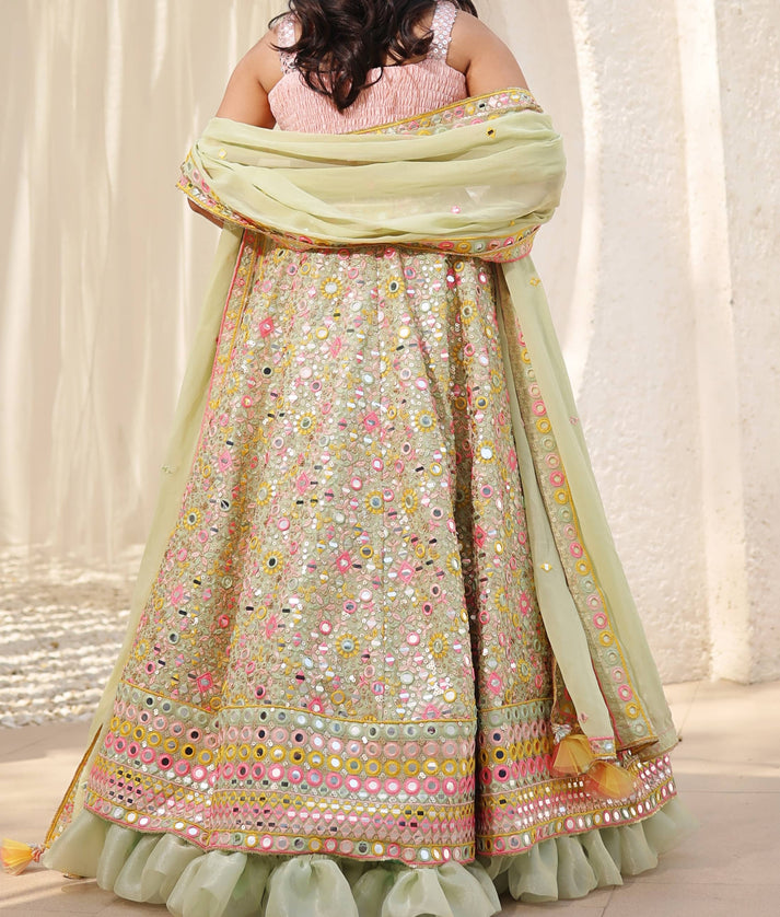 Manufactured by FAYON KIDS (Noida, U.P) Green Embroidered Choli with Lehenga