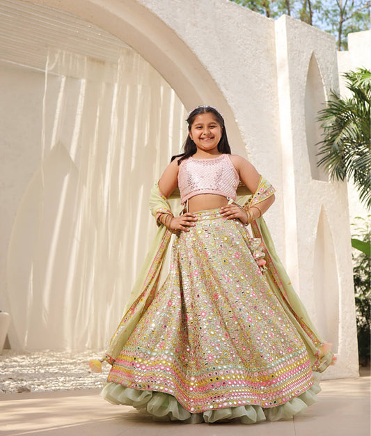 Manufactured by FAYON KIDS (Noida, U.P) Green Embroidered Choli with Lehenga