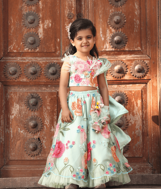 Manufactured by FAYON KIDS (Noida, U.P) Green Embroidered Crop Top Skirt for Girls