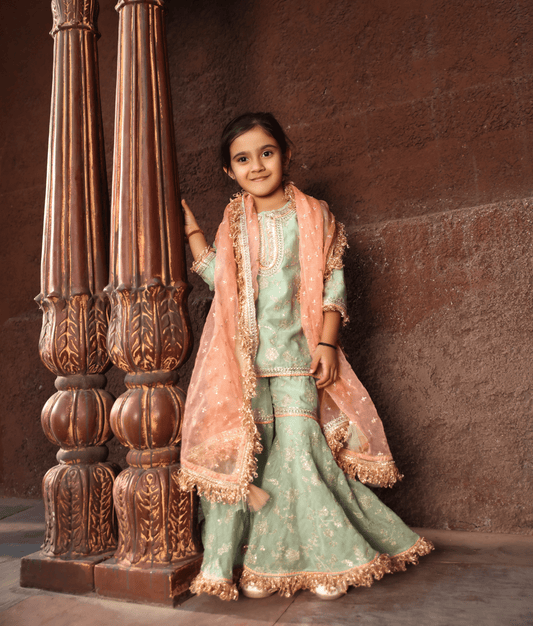 Manufactured by FAYON KIDS (Noida, U.P) Green Embroidery Kurti Sharara for Girls