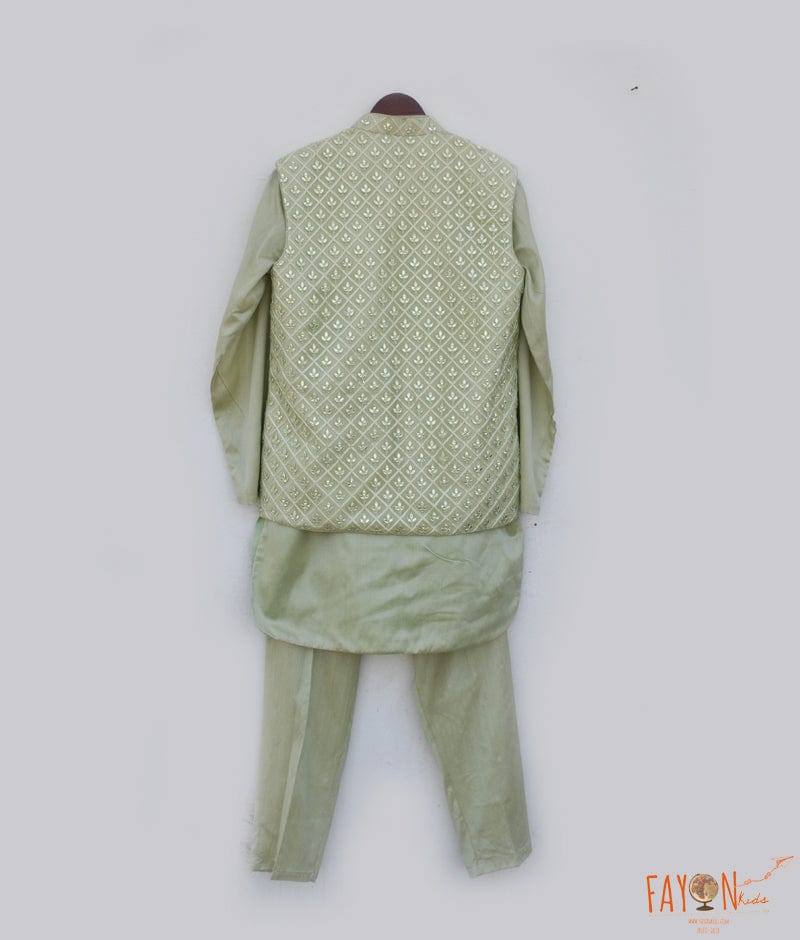 Manufactured by FAYON KIDS (Noida, U.P) Green Embroidery Nehru Jacket with Kurta and Pant