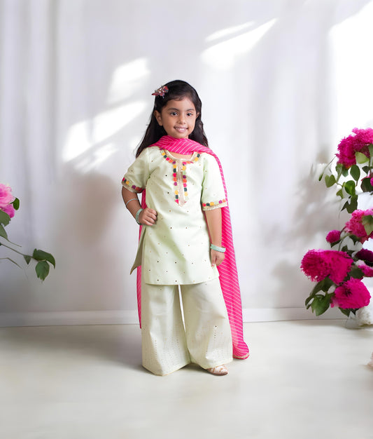 Manufactured by FAYON KIDS (Noida, U.P) Green Faux Mukaish Work Kurti Sharara Set