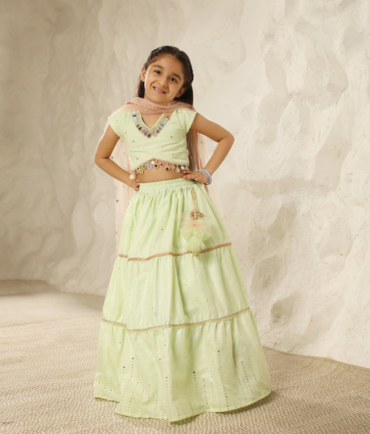 Manufactured by FAYON KIDS (Noida, U.P) Green Faux Mukaish work Top and Skirt