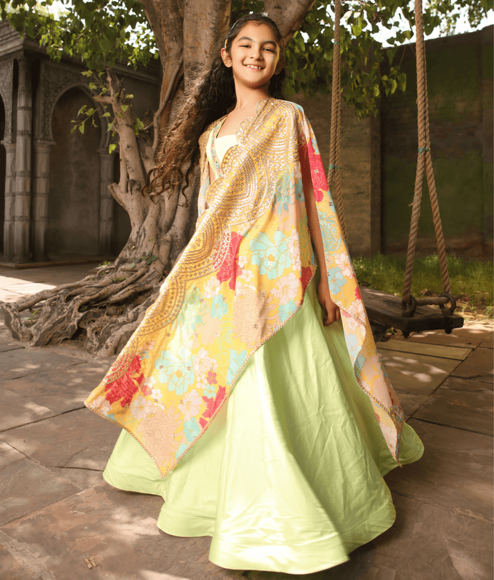 Manufactured by FAYON KIDS (Noida, U.P) Green Floral Anarkali Set