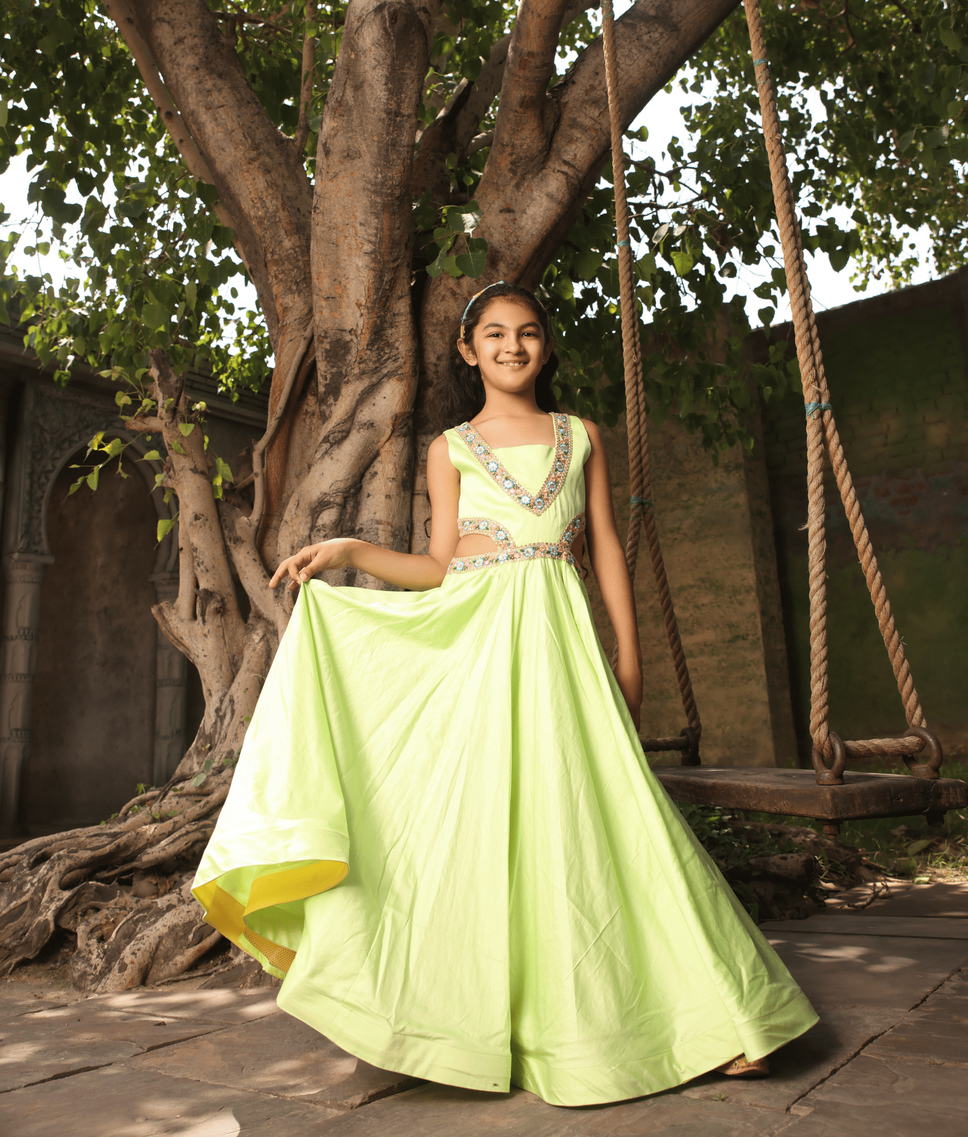 Manufactured by FAYON KIDS (Noida, U.P) Green Floral Anarkali Set