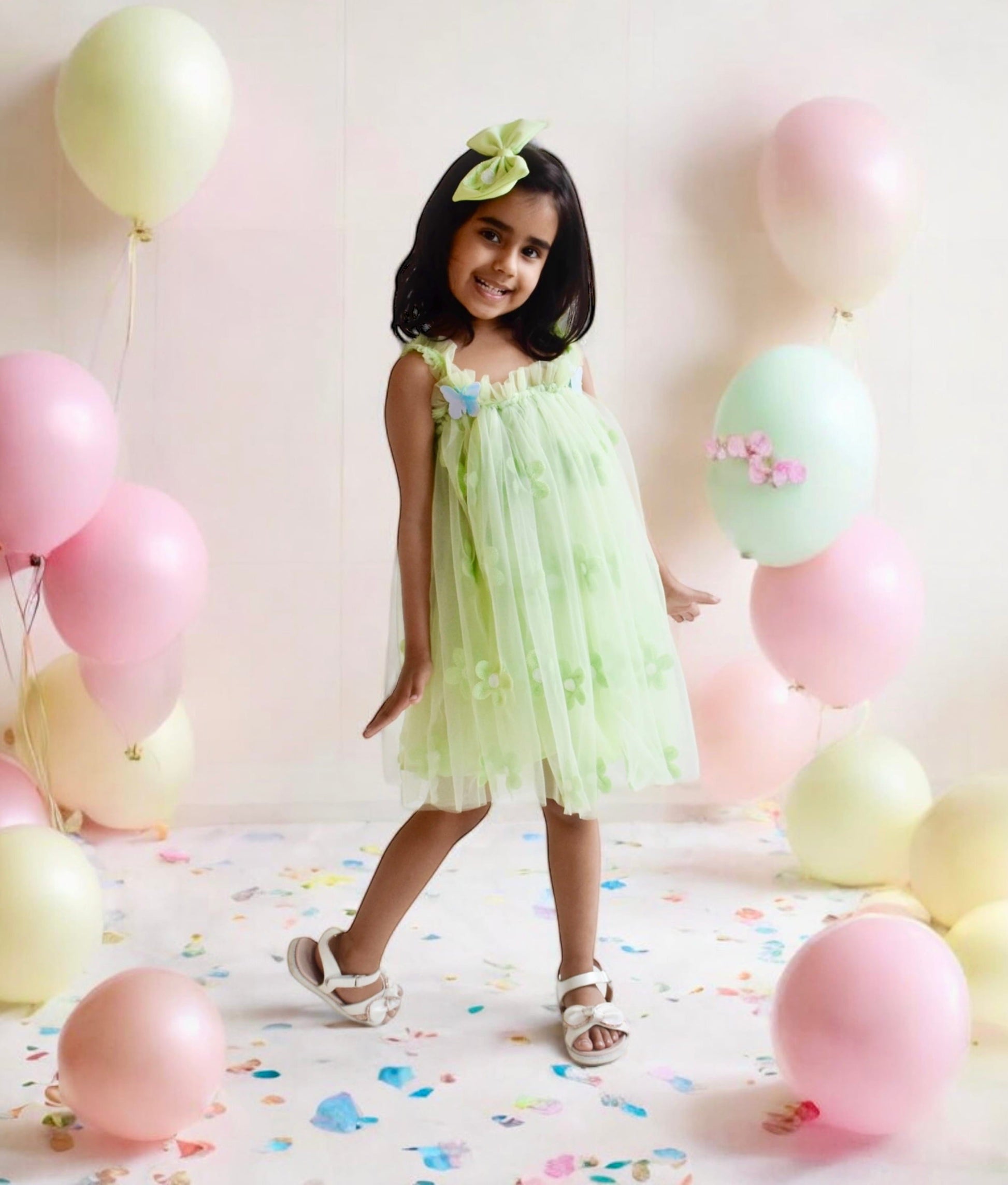 Manufactured by FAYON KIDS (Noida, U.P) Green Flower Embroidered Net Dress