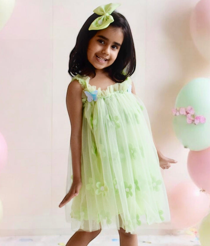 Manufactured by FAYON KIDS (Noida, U.P) Green Flower Embroidered Net Dress