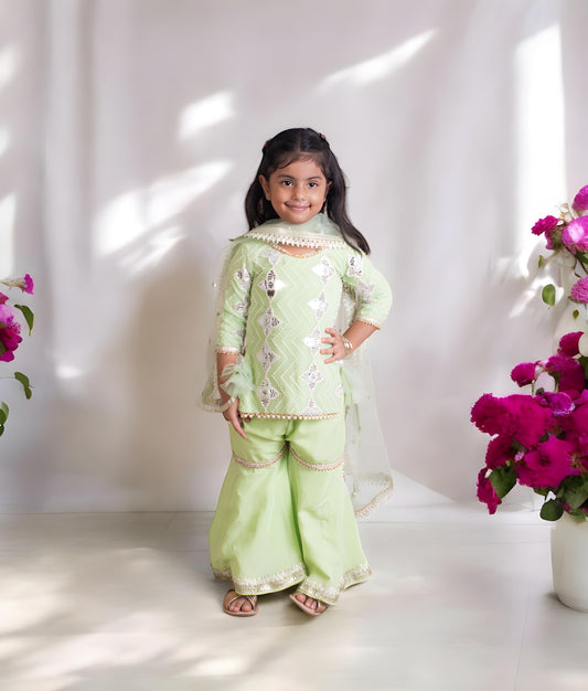 Manufactured by FAYON KIDS (Noida, U.P) Green Gota Embroidered Kurti with Sharara