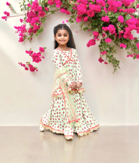 Manufactured by FAYON KIDS (Noida, U.P) Green Printed Kurti Lehenga Set