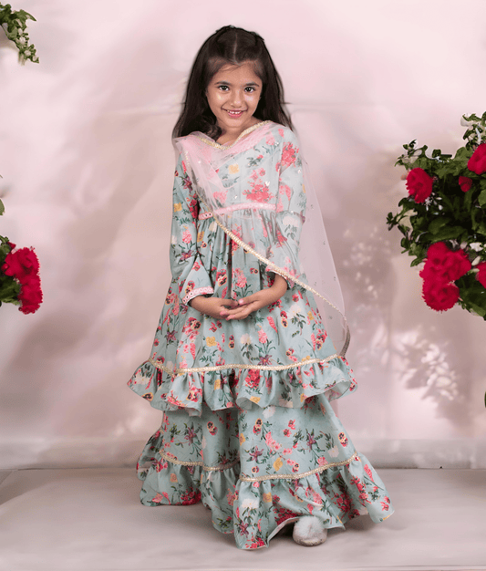 Manufactured by FAYON KIDS (Noida, U.P) Green Printed Kurti Lehenga with Dupatta for Girls