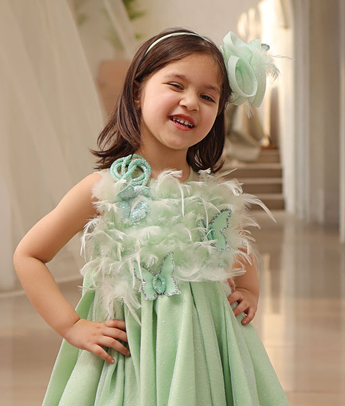 Manufactured by FAYON KIDS (Noida, U.P) Green Shimmer Net Gown