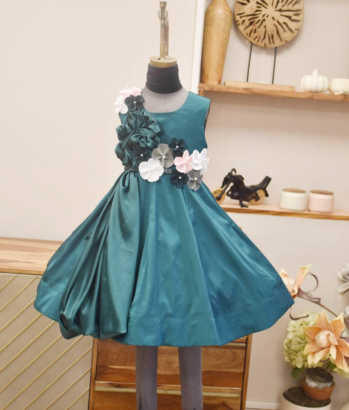 Manufactured by FAYON KIDS (Noida, U.P) Green Taffeta Silk Dress with 3D Flower