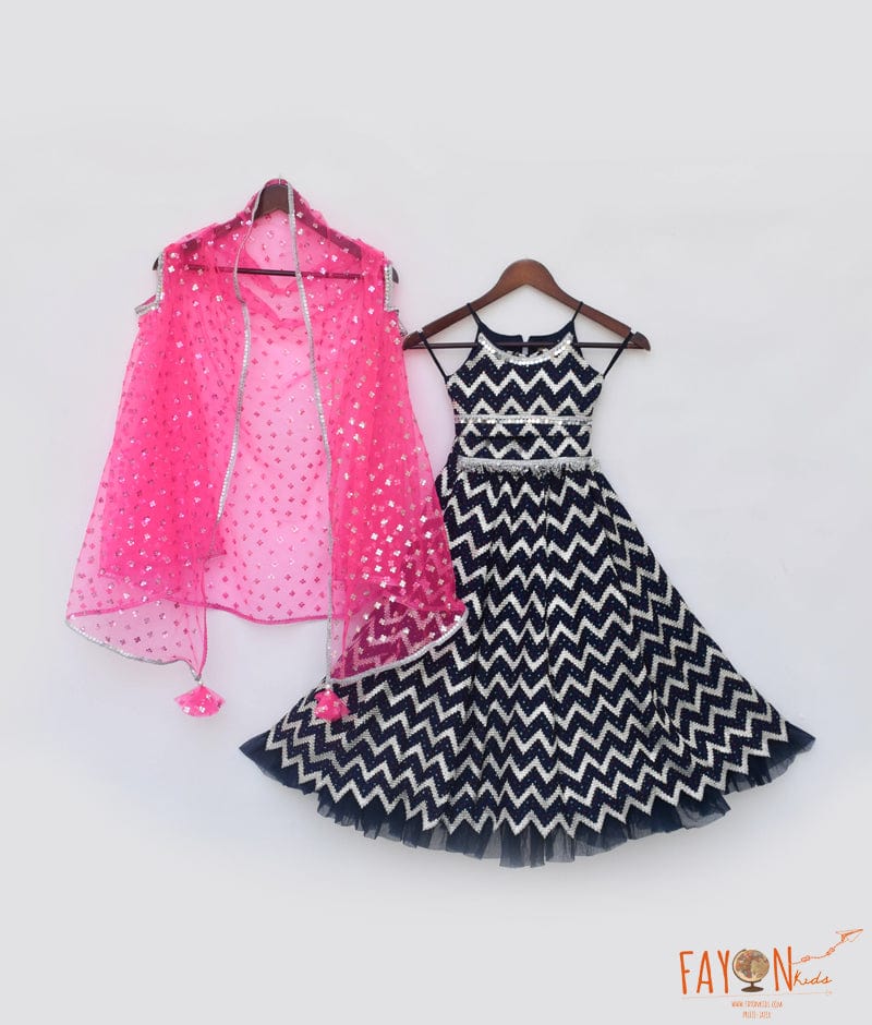 manufactured by fayon kids noida u p hot pink cape with dark blue lehenga choli for girls 39101592273152