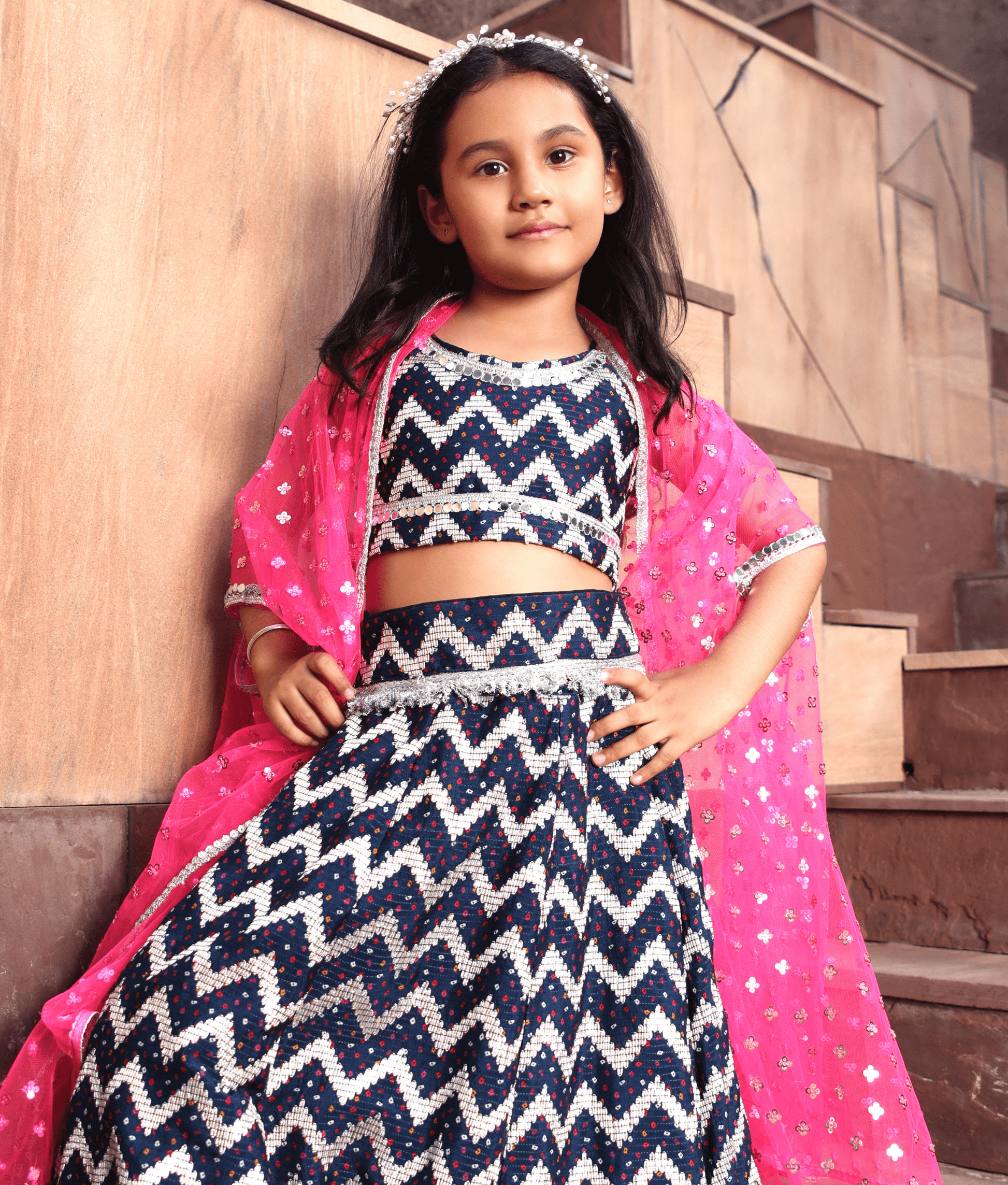 Manufactured by FAYON KIDS (Noida, U.P) Hot Pink Cape with Dark Blue Lehenga Choli for Girls