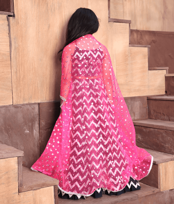 Manufactured by FAYON KIDS (Noida, U.P) Hot Pink Cape with Dark Blue Lehenga Choli for Girls