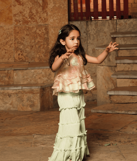 Manufactured by FAYON KIDS (Noida, U.P) Light Peach Embroidery Top with Sharara for Girls