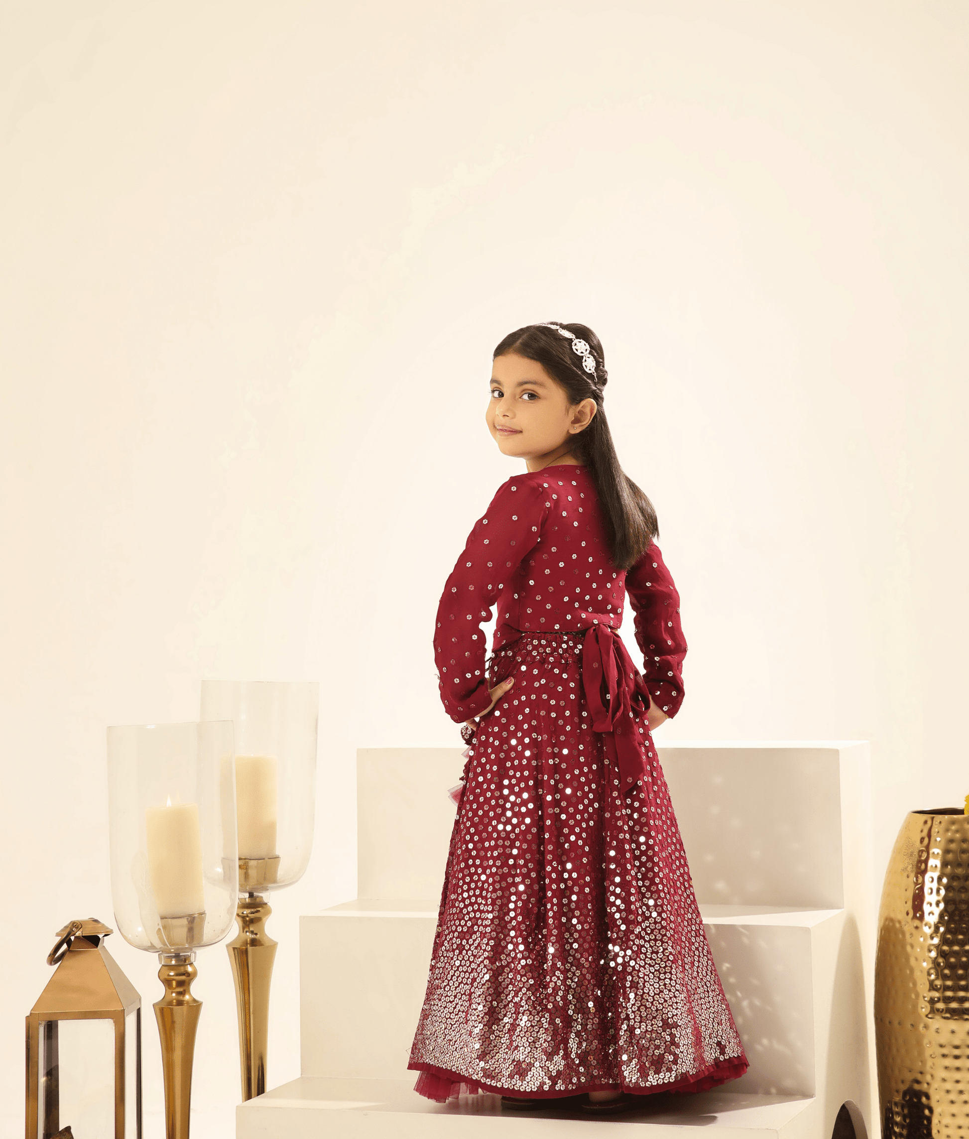 Marron Embroidered Lehenga Choli Set for Girls