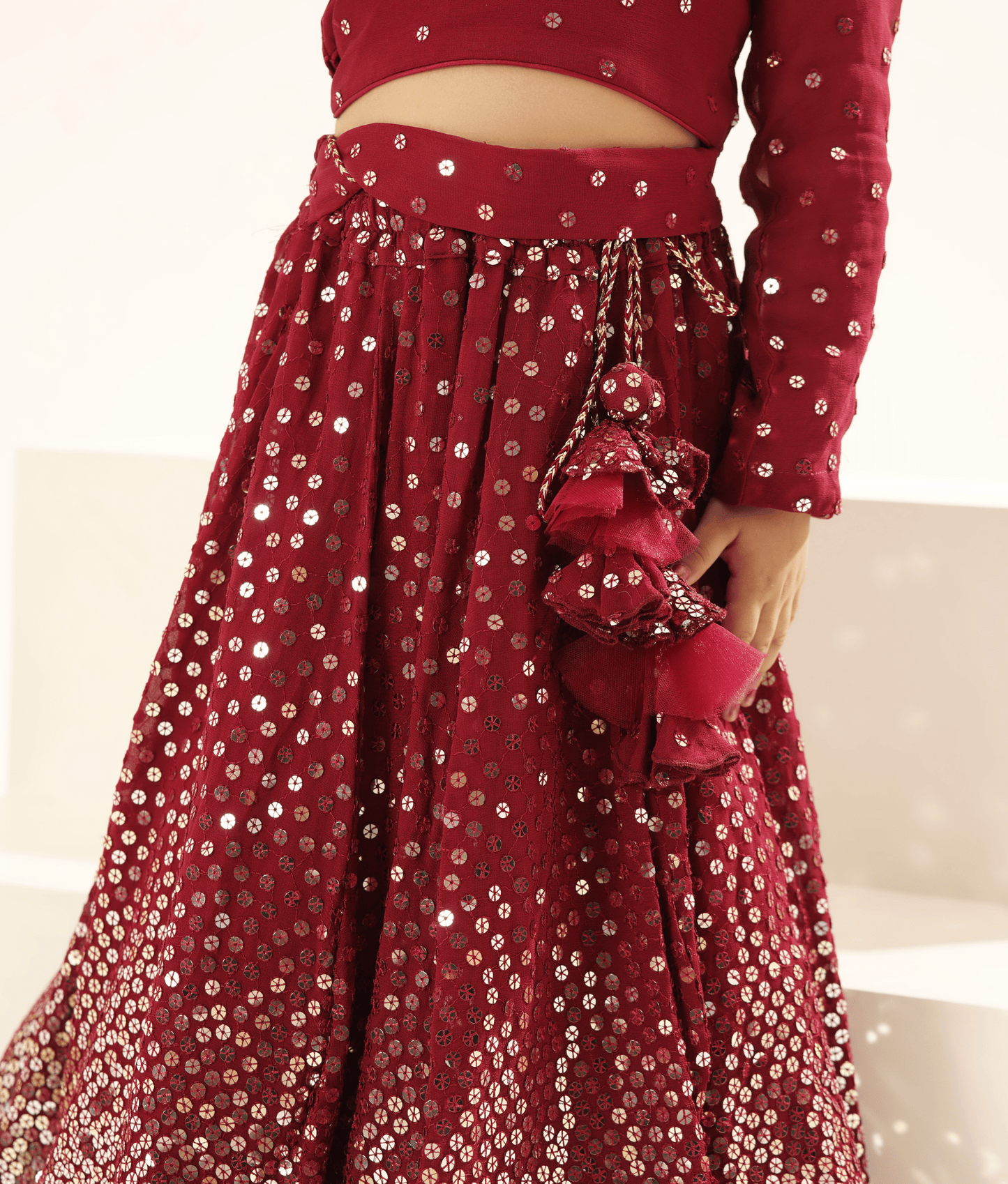 Marron Embroidered Lehenga Choli Set for Girls