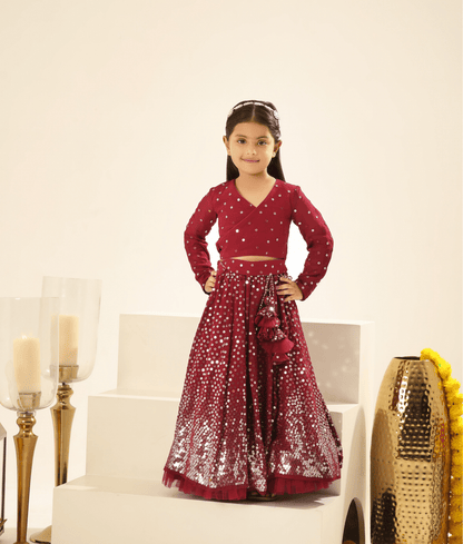 Marron Embroidered Lehenga Choli Set for Girls