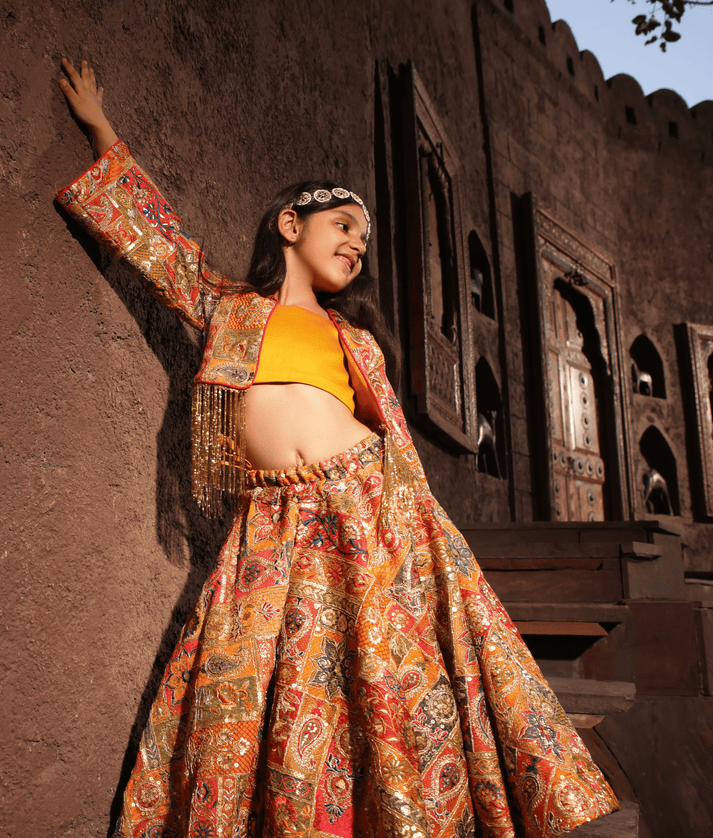 Manufactured by FAYON KIDS (Noida, U.P) Multi Coloured Embroidered Crop Top Skirt