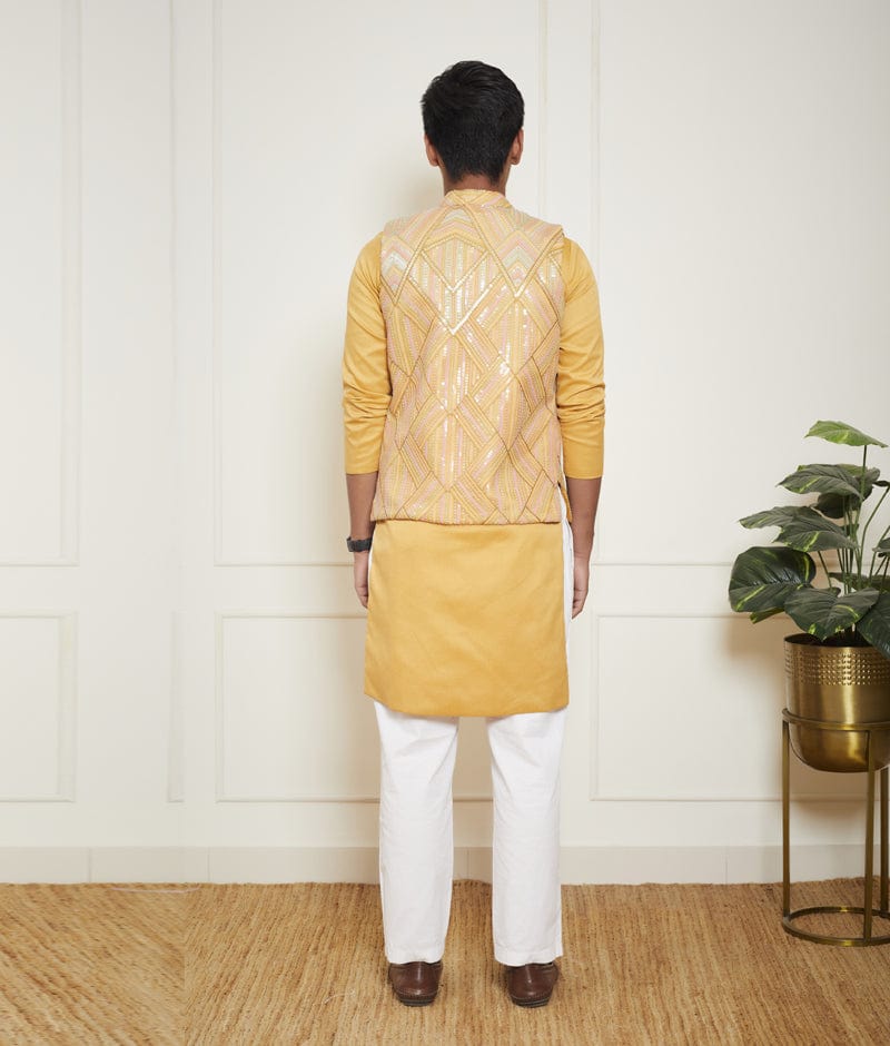 Jacquard Print Nehru Jacket with Green Kurta Pajama Set