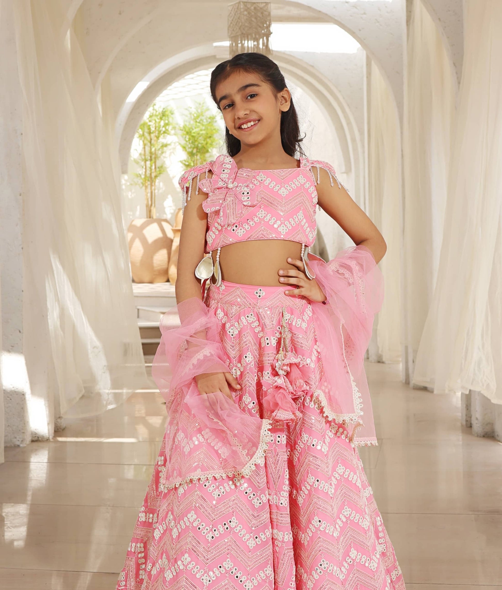 Manufactured by FAYON KIDS (Noida, U.P) Neon Pink Mirror Embroidered Lehenga Choli