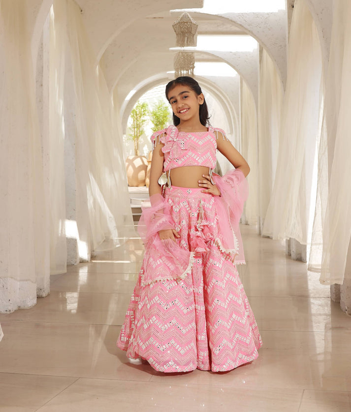 Manufactured by FAYON KIDS (Noida, U.P) Neon Pink Mirror Embroidered Lehenga Choli