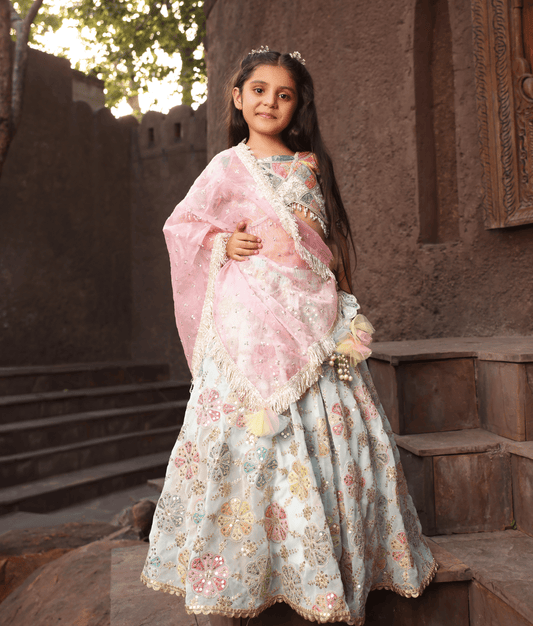 Manufactured by FAYON KIDS (Noida, U.P) Off white Embroidered Choli with Lehenga