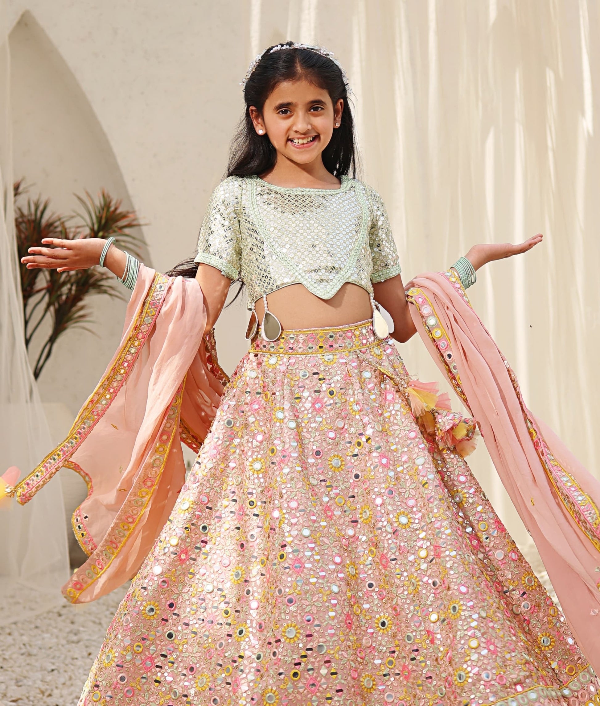 Manufactured by FAYON KIDS (Noida, U.P) Peach Embroidered Choli with Lehenga