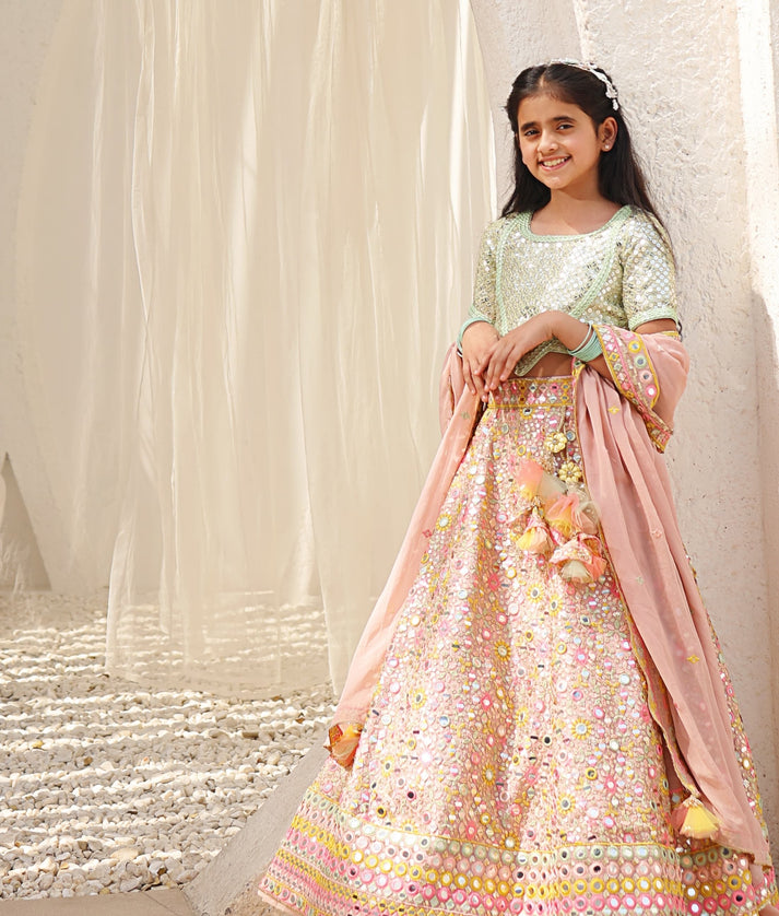 Manufactured by FAYON KIDS (Noida, U.P) Peach Embroidered Choli with Lehenga