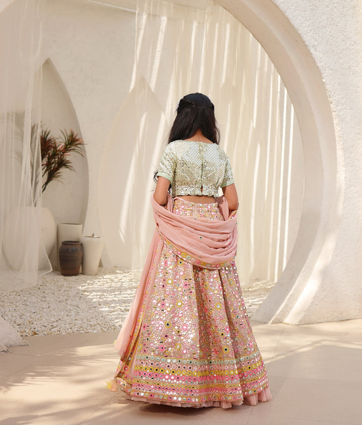 Manufactured by FAYON KIDS (Noida, U.P) Peach Embroidered Choli with Lehenga