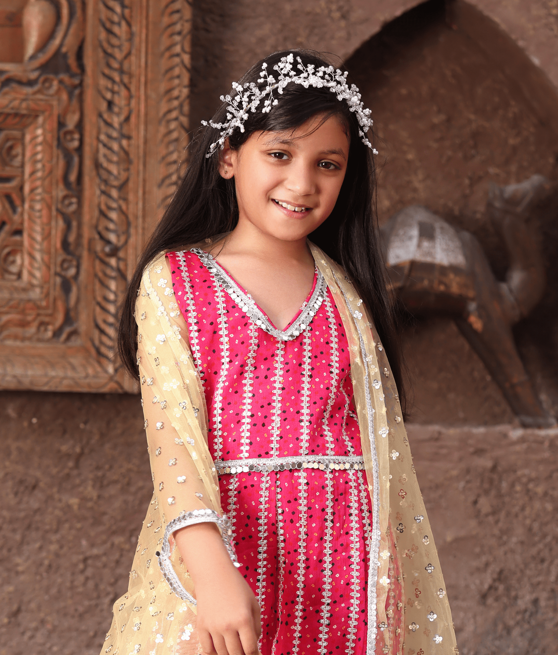 Manufactured by FAYON KIDS (Noida, U.P) Pink Bandhej Jumpsuit