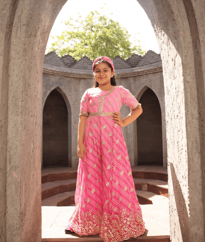 Manufactured by FAYON KIDS (Noida, U.P) Pink Bandhej Jumpsuit for Girls