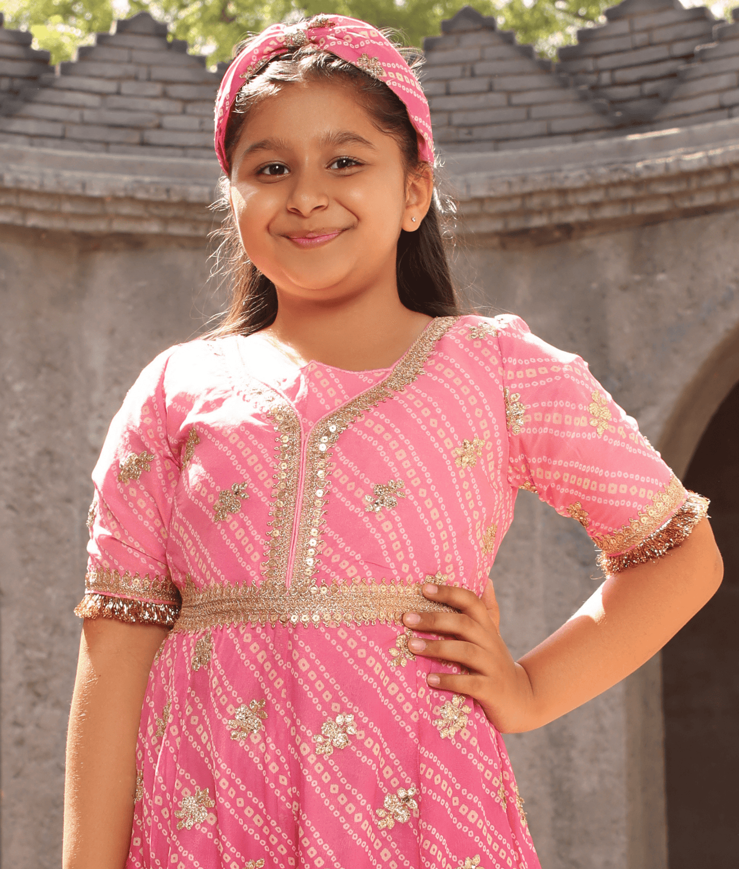 Manufactured by FAYON KIDS (Noida, U.P) Pink Bandhej Jumpsuit for Girls