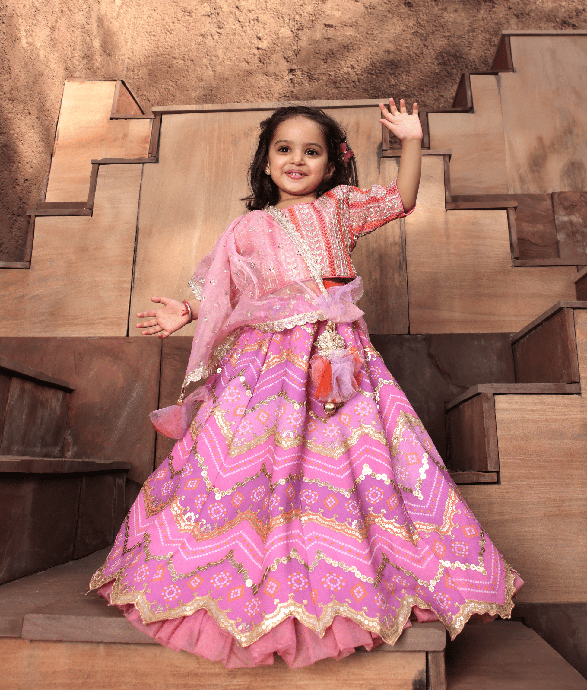 Manufactured by FAYON KIDS (Noida, U.P) Pink Bandhej Lehenga Set