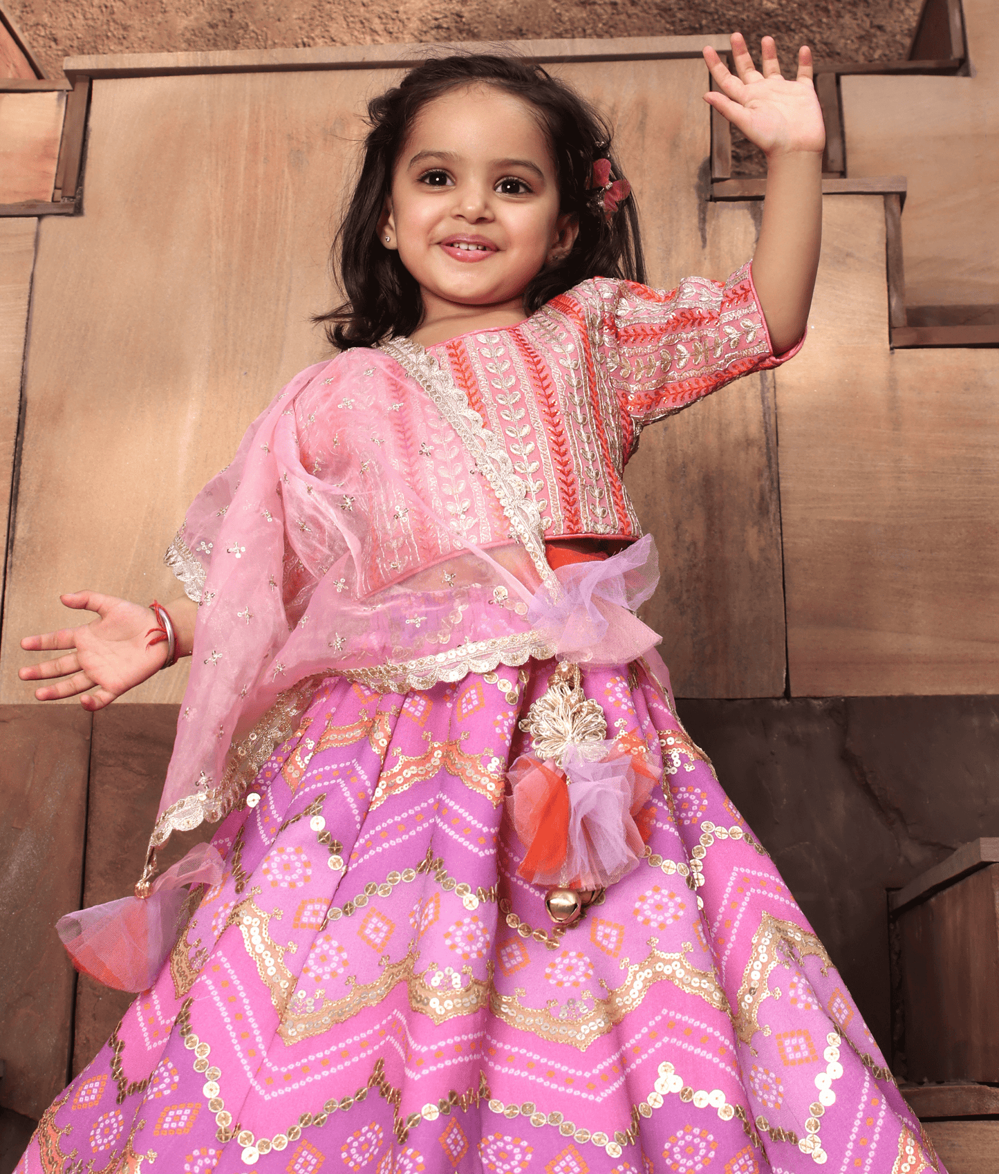 Manufactured by FAYON KIDS (Noida, U.P) Pink Bandhej Lehenga Set