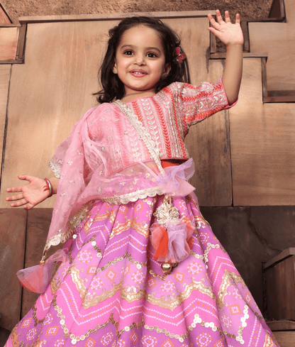 Manufactured by FAYON KIDS (Noida, U.P) Pink Bandhej Lehenga Set