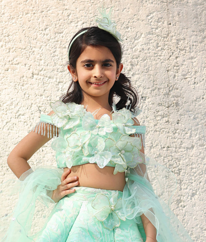 Manufactured by FAYON KIDS (Noida, U.P) Pista Green Embroidered Lehenga Choli