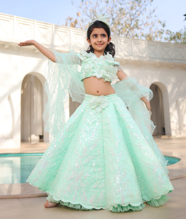 Manufactured by FAYON KIDS (Noida, U.P) Pista Green Embroidered Lehenga Choli