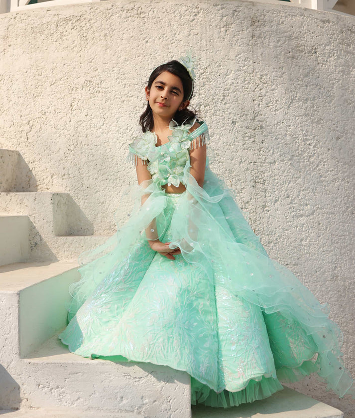 Manufactured by FAYON KIDS (Noida, U.P) Pista Green Embroidered Lehenga Choli