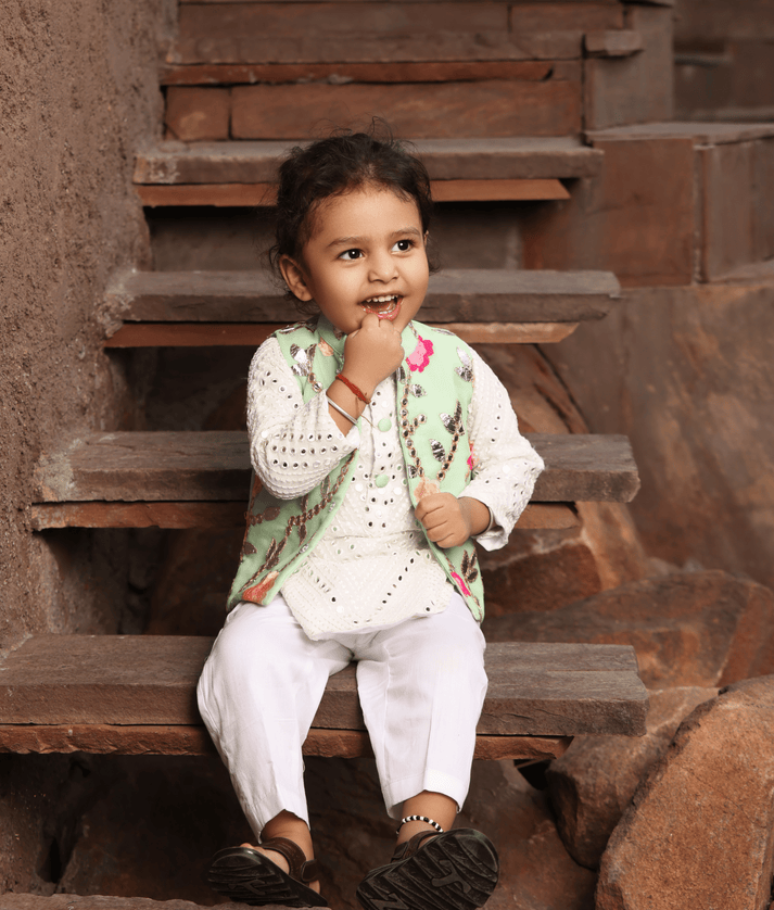 Manufactured by FAYON KIDS (Noida, U.P) Pista Green Gotta Embroidery Jacket And White Mirror Kurta Pant for Boys