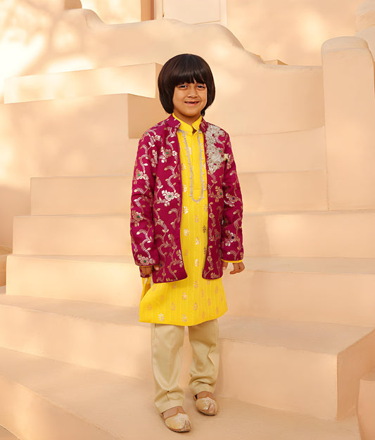 Manufactured by FAYON KIDS (Noida, U.P) Purple Brocade Jacket with Kurta and Pant