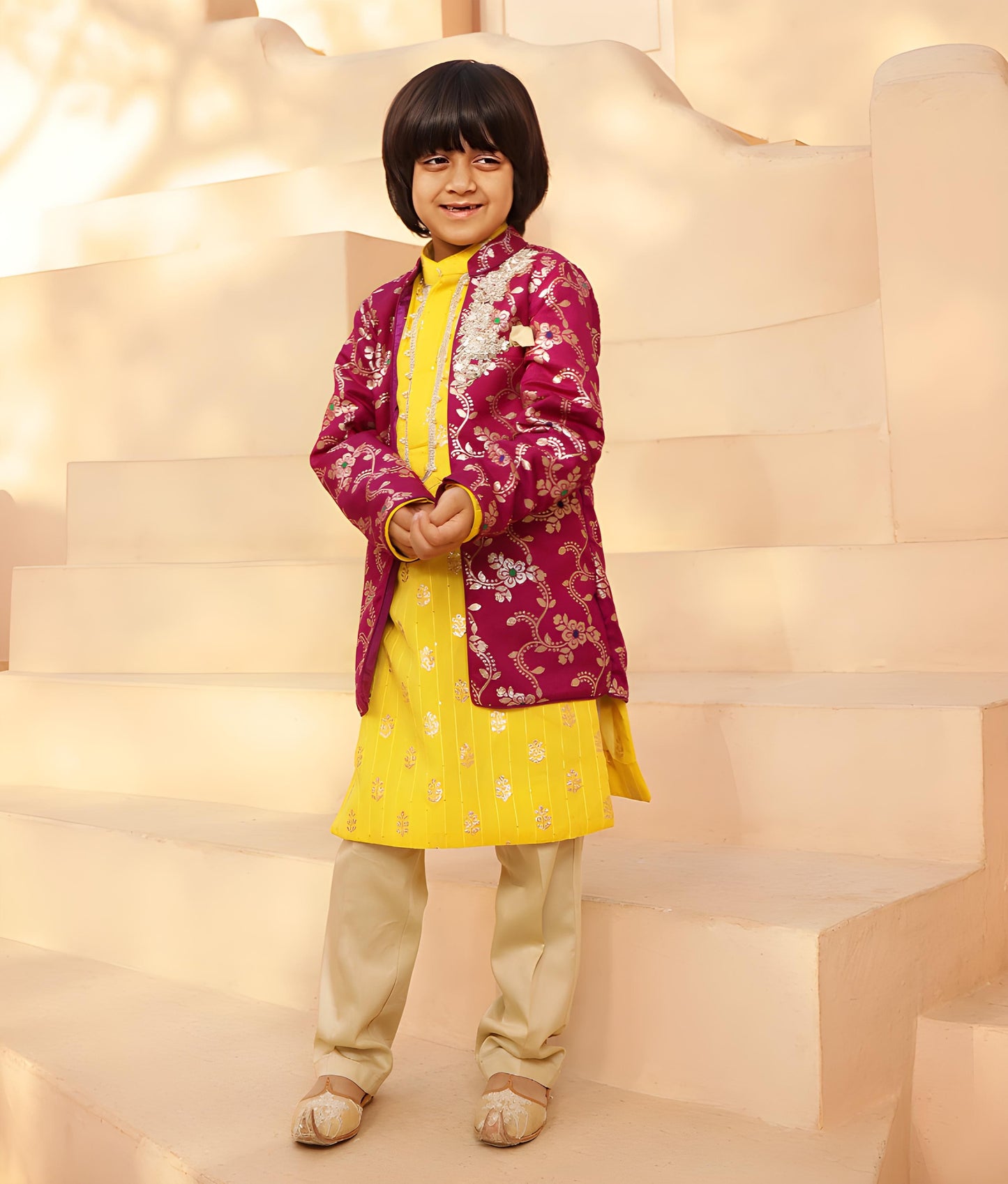 Manufactured by FAYON KIDS (Noida, U.P) Purple Brocade Jacket with Kurta and Pant