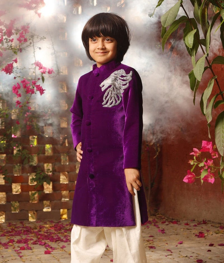 Manufactured by FAYON KIDS (Noida, U.P) Purple Embroidered Achkan with Salwar